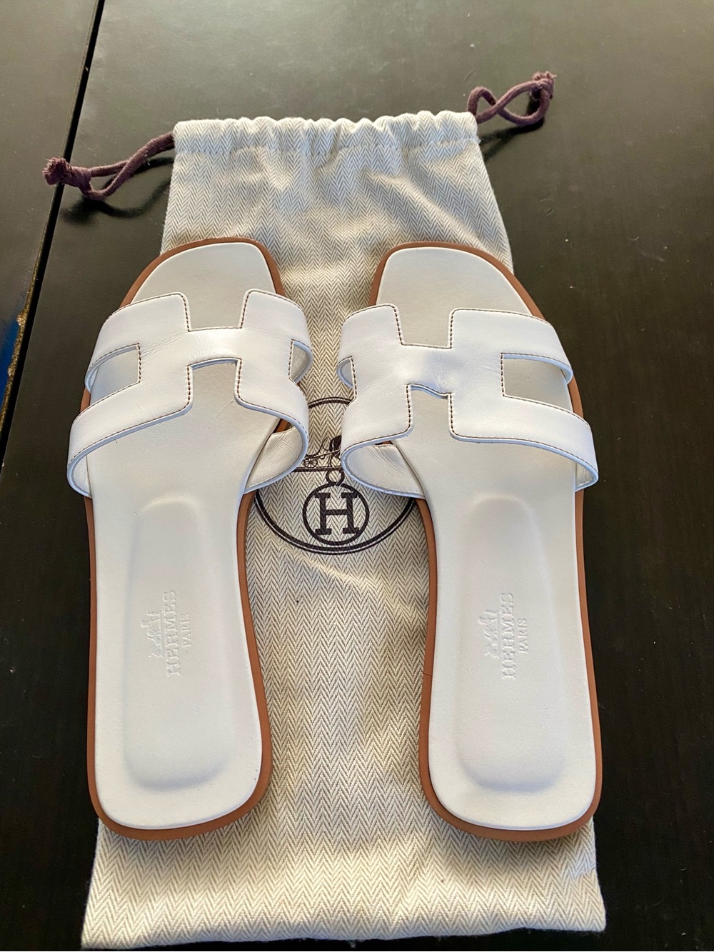 Hermes White Oran Leather Slide Sandals